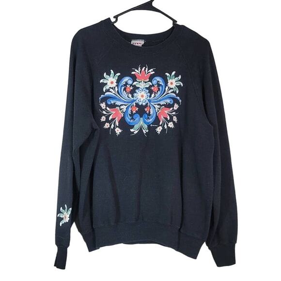 Vintage BW Bassett Walker Crewneck Sweatshirt Black Floral Print Size XL - Picture 1 of 4